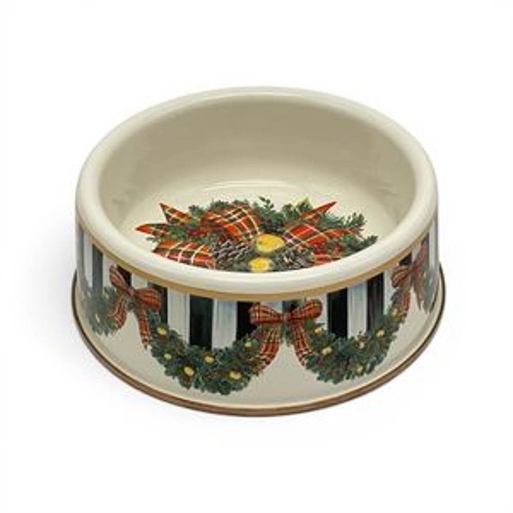 MacKenzie-Childs Evergreen Enamel Pet Dish Dog Bowl Christmas Tartan Wreath